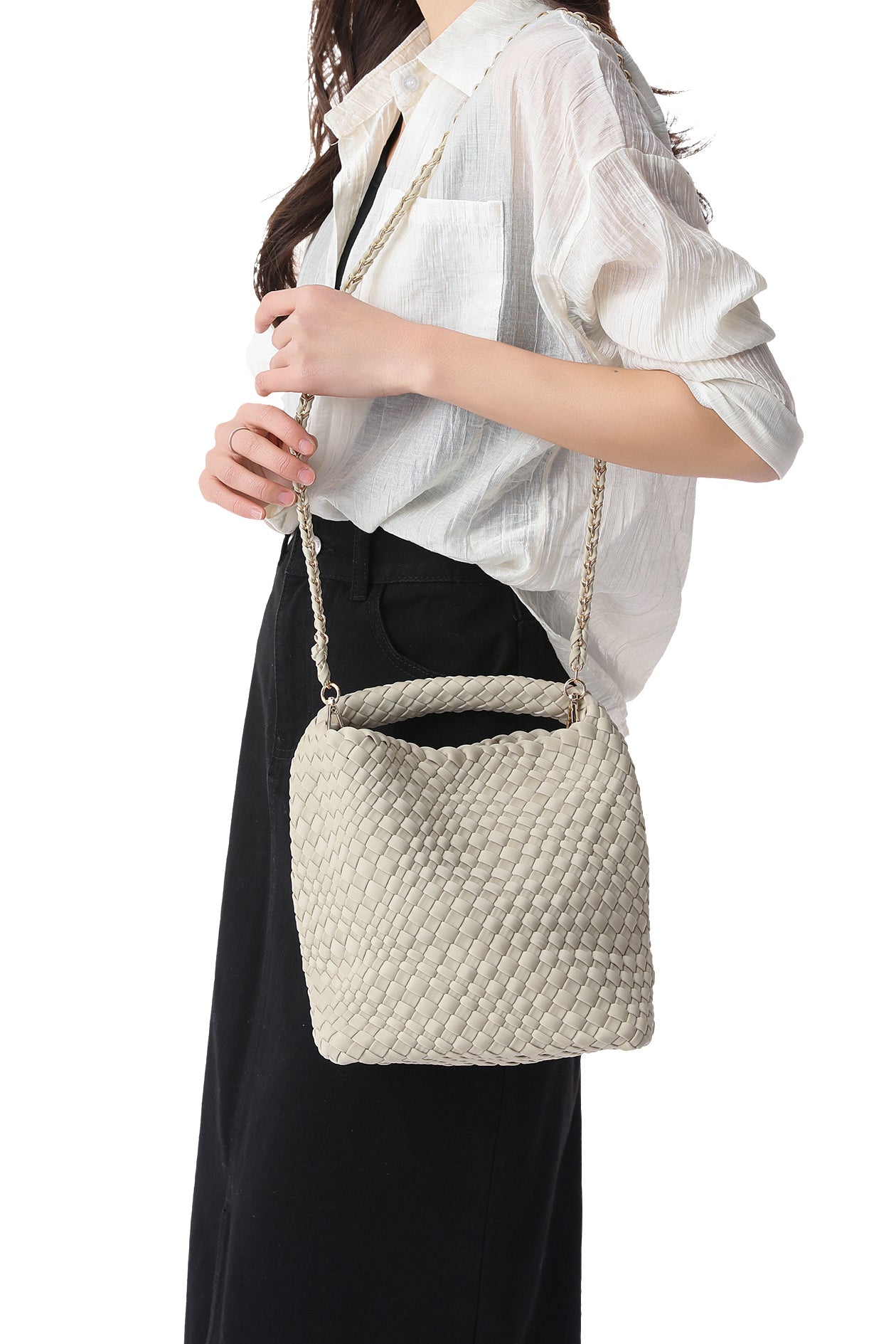 Shelly Beige Woven Bucket Bag