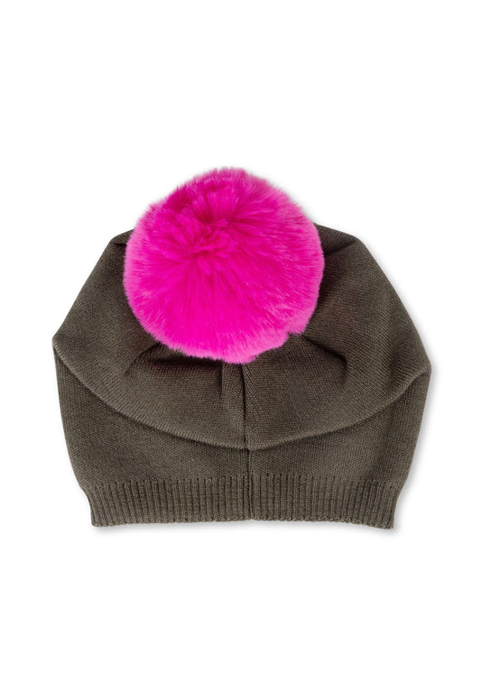 brooklyn beanie army/hot pink faux fur pom